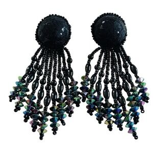 80s Glass Earrings VTG Black Pierced Chunky Dangle Acrylic Statement Waterfall